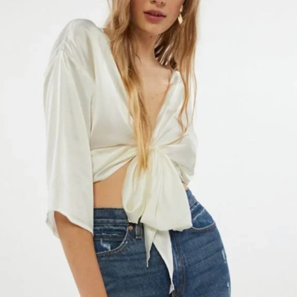 ⭐️ Nicole Satin Tie-Front Nylon Boho Peasant Hipster Hippie Art Deco Farm Top